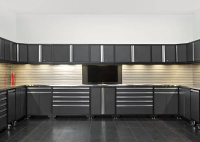 Wall of gray steel cabinetry