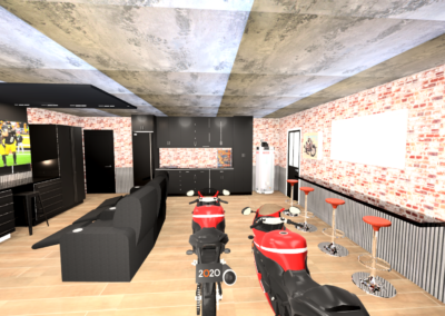 Garage with two motorcycles, bar, sofa and entertainment center