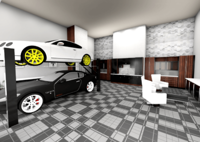 Garage with entertainment center and two-car lift