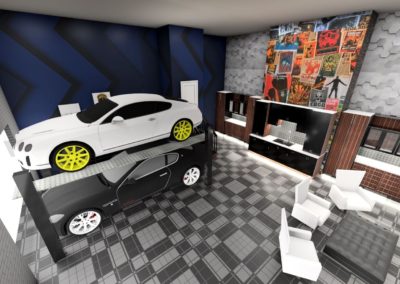 Garage with entertainment center and two-car lift