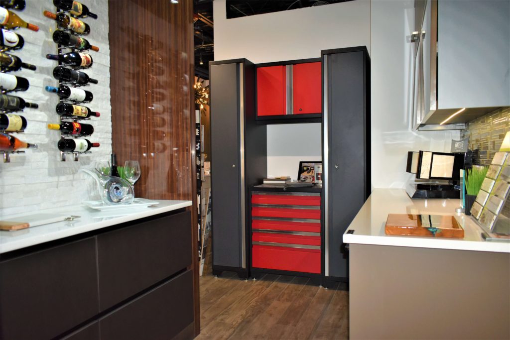 Black and red garage cabinetry