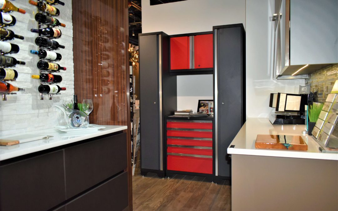 Black and red garage cabinetry