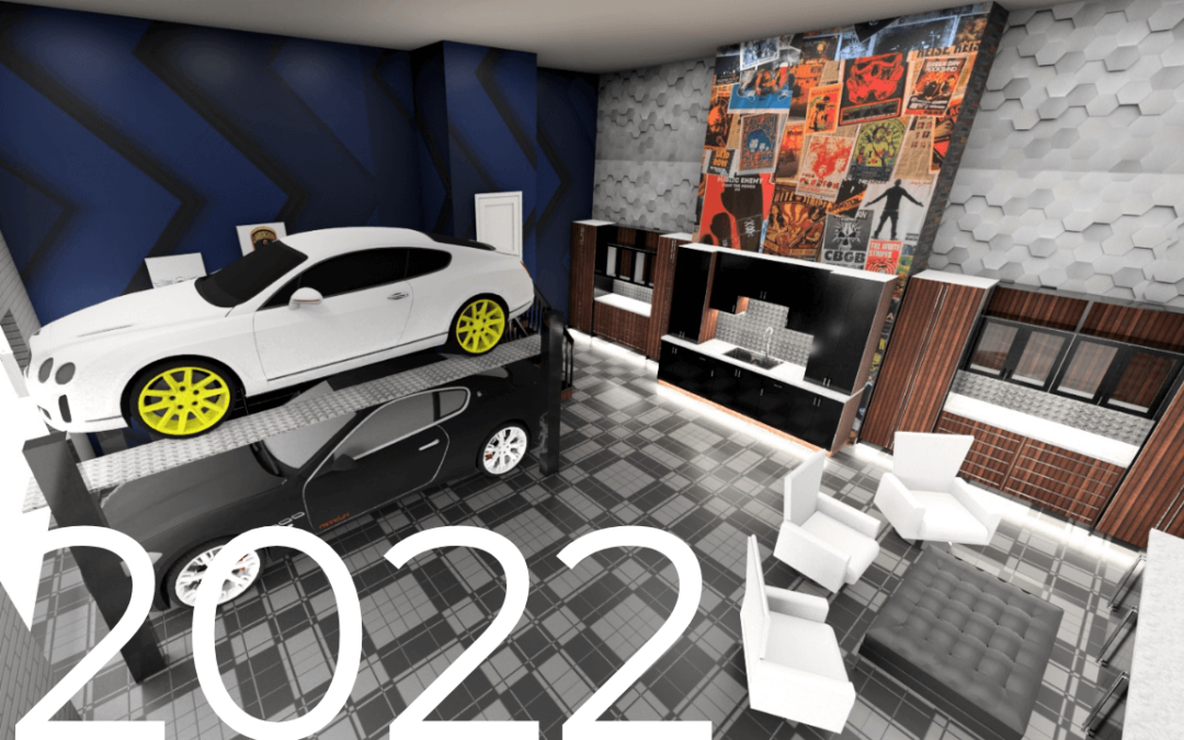 Garage with black and white flooring