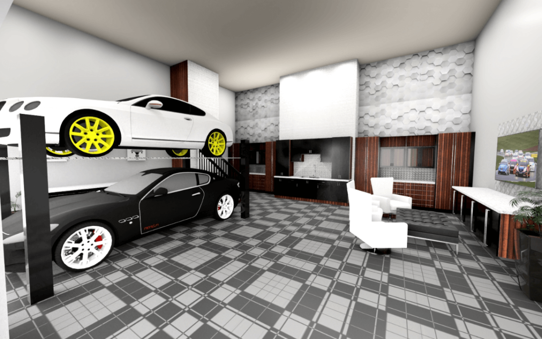 Garage with entertainment center and two-car lift