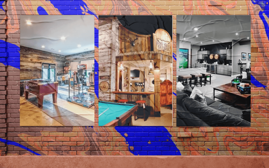 Post of man caves on orange and blue brick wall