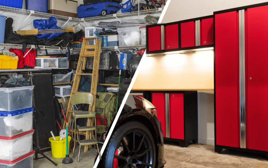 Clutter and cabinets in garage