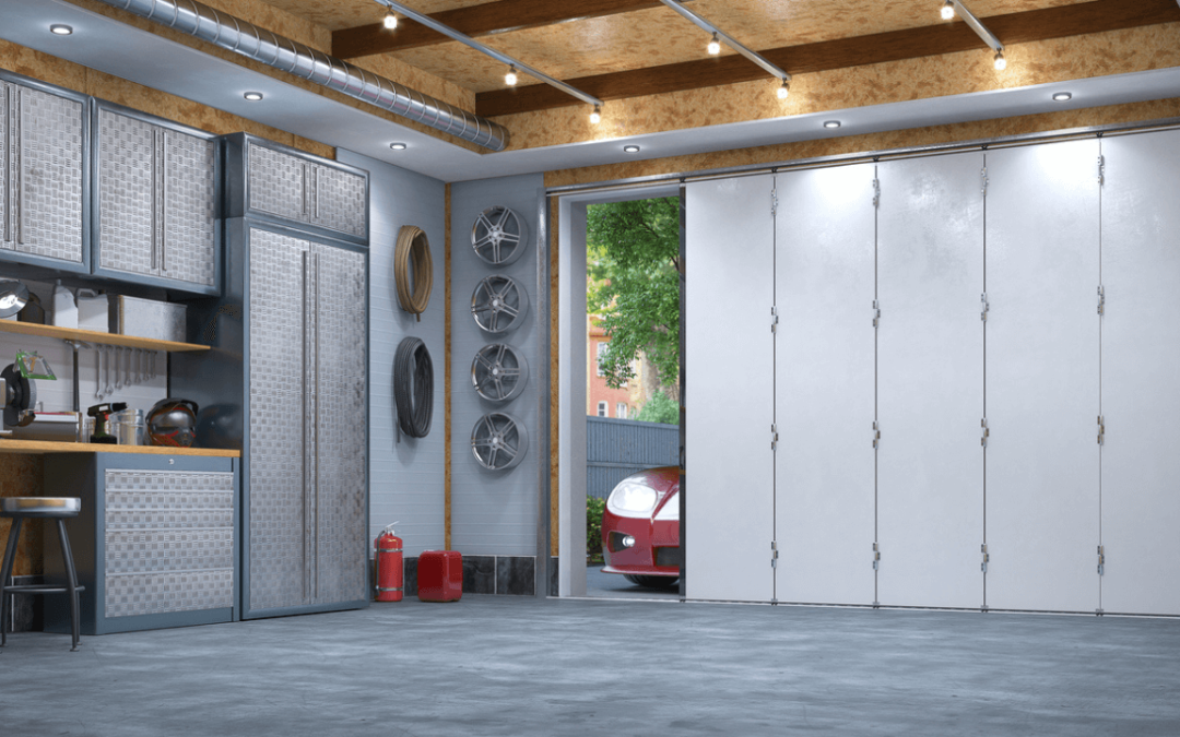 Garage with silver cabinets